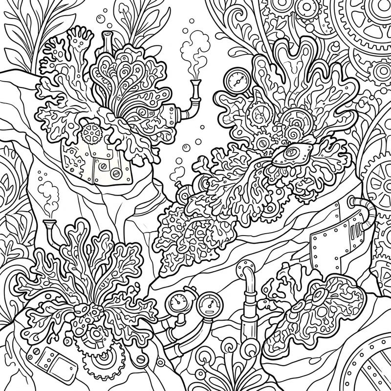 Discover the fascinating fusion of natural marine lichens and intricate steampunk mechanics in this unique coloring page. Unleash your creativity by bringing this industrial-organic landscape to life with your favorite colors.