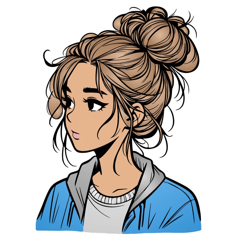 realistic teenage girl with a messy bun