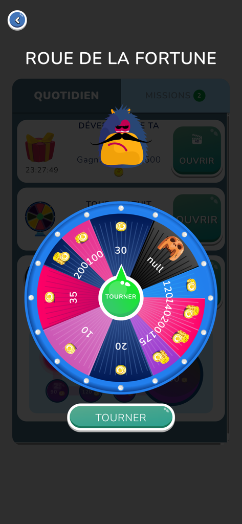 A colorful wheel of fortune in the 4 Images 1 Mot word game offering daily coin rewards and bonuses