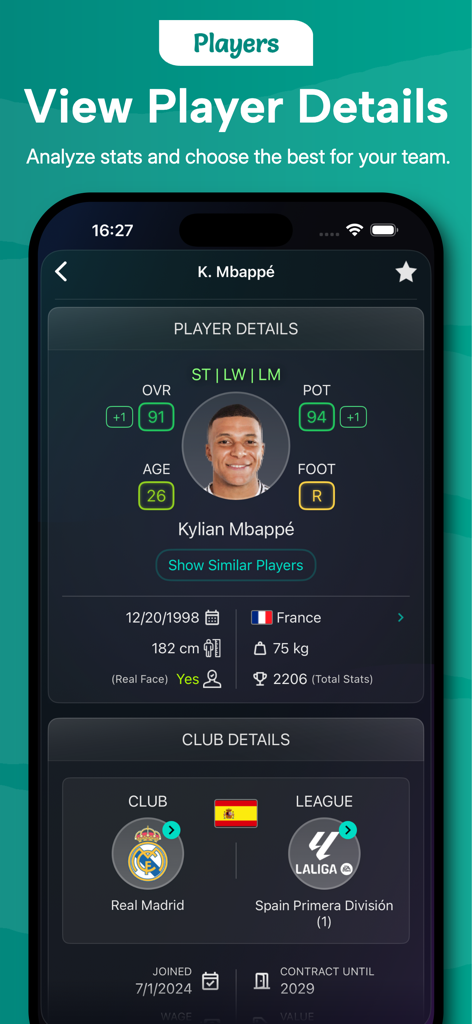 Detailed player profile for Kylian Mbappe in the Potentials FC26 app showing stats and potential ratings
