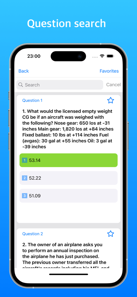 FAA Inspection Authorization app displaying a practice exam question and search interface