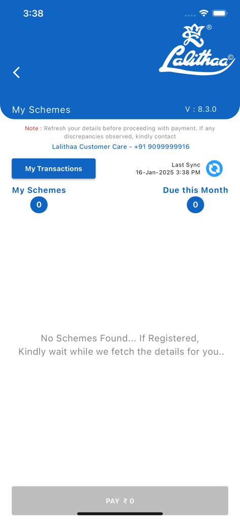 Lalithaa Jewellery - Interface of the Lalithaa Jewellery mobile app showing the My Schemes section for managing gold savings plans and monthly installments.