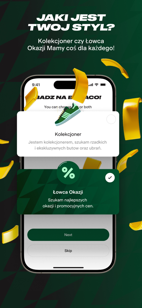 Grailz – Sneakers i Streetwear - Interfaz de la aplicación Grailz para seleccionar un perfil de coleccionista de sneakers o buscador de ofertas.