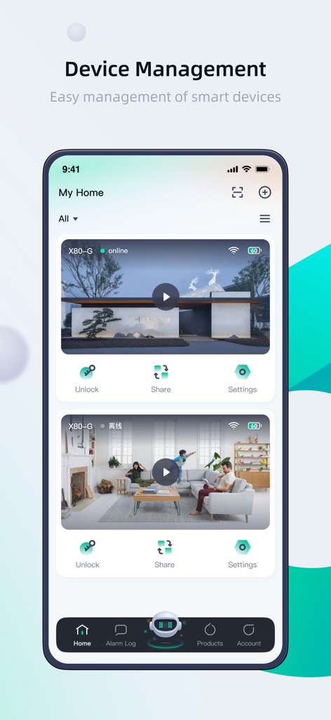 Xhome - Xhome app interface showing a dashboard for managing smart home security cameras and devices.