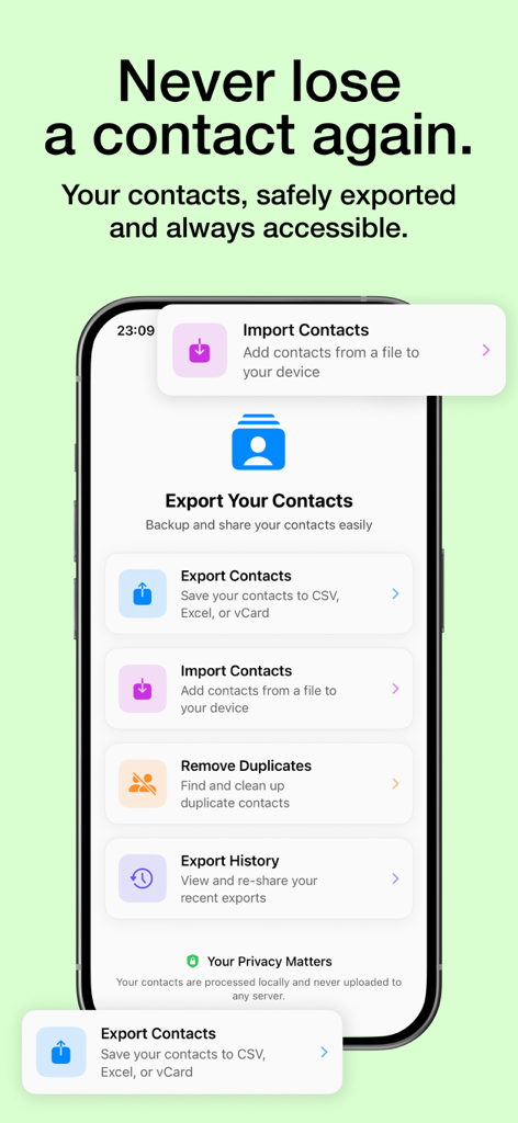 Hauptbildschirm der "Kontakte exportieren"-App auf einem iPhone mit Optionen zum Exportieren nach CSV und Excel, zum Importieren von Dateien und zum Entfernen von Duplikaten