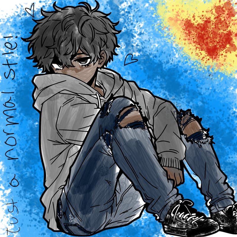 a male hoddie ripped jeans messy hair anime