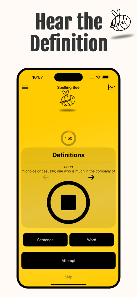 Spelling Bee App: Today's Game - Spelling Bee App interface showing word definition audio playback and practice options
