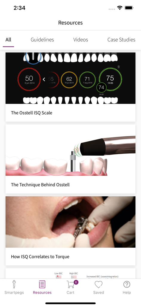 L'écran Ressources de l'application Osstell SmartPegs présente du contenu éducatif sur l'échelle ISQ et les techniques d'implants dentaires.