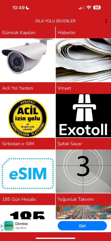 Sıla Yolu Sevenler - Menu principal de l'application Sila Yolu Sevenler montrant divers services de voyage, y compris les caméras de frontière et l'assistance d'urgence