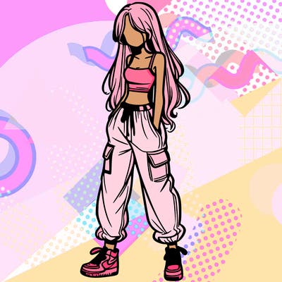 girl in baggy pants crop top and long hair