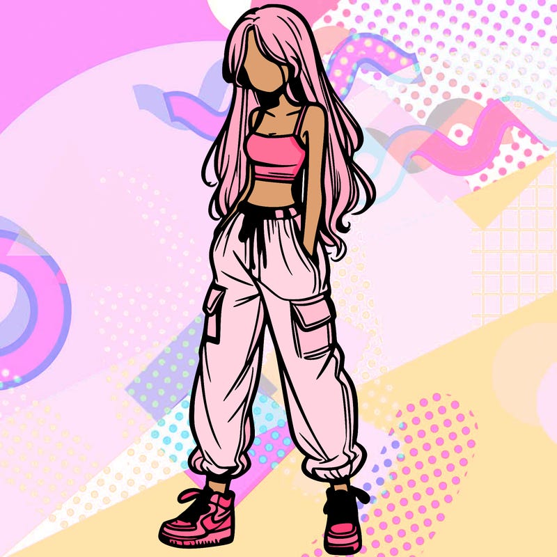 girl in baggy pants crop top and long hair