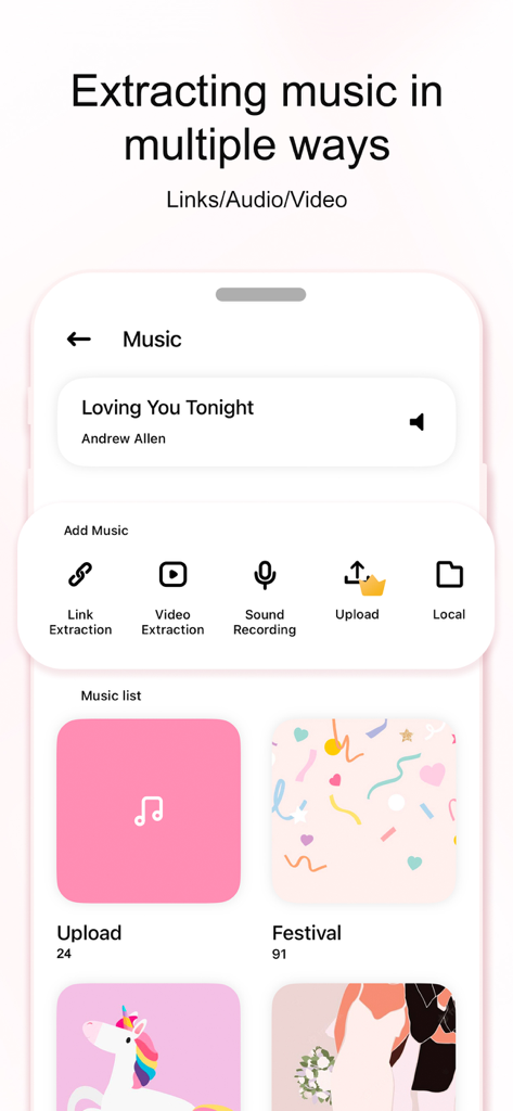 Invitation Maker Greeting Card - Music extraction interface for animated invitations showing options for link video and sound recording