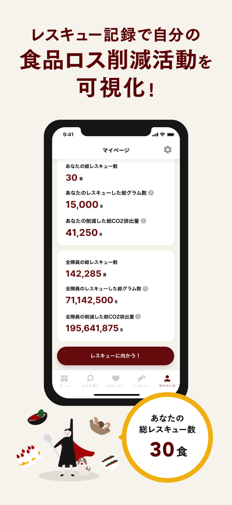 TABETE - TABETE app My Page screen displaying personal and community food rescue and CO2 reduction statistics