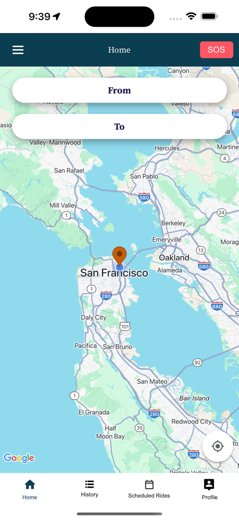 Swyft Taxi app home screen showing a map interface with ride booking options and an SOS button