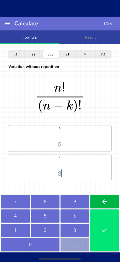 Combinatorics PRO - Screenshot der Benutzeroberfläche der Combinatorics PRO App, die die Formel für Variationen ohne Wiederholung mit Eingabefeldern für n und k zeigt
