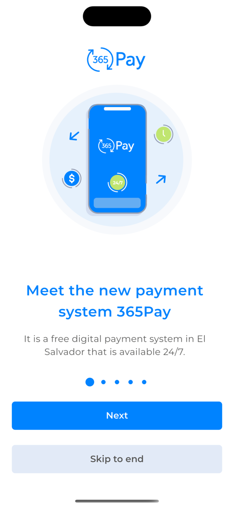 365Pay SV - Pantalla de introducción de la aplicación 365Pay SV mostrando su logo y describiéndola como un sistema de pago digital gratuito 24/7 para El Salvador.