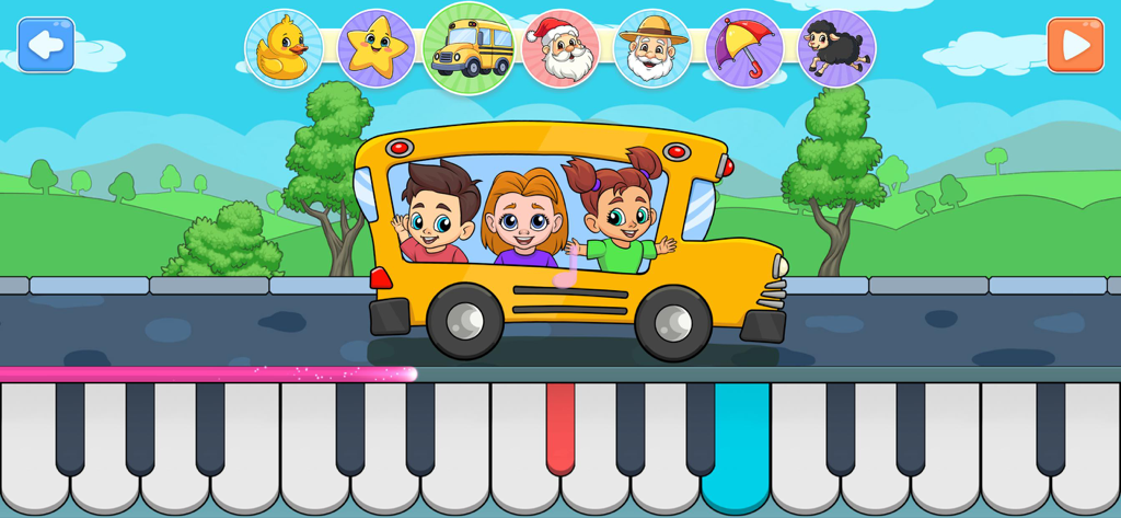 Baby Piano, Drums, Xylo & more - A toddler piano game interface featuring a yellow school bus and song icons.