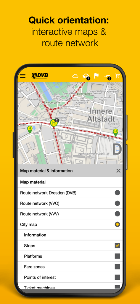 DVB mobil - DVB mobil app interface showing an interactive city map and transit route network options