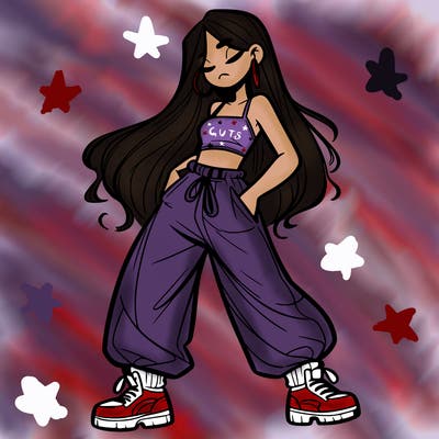 girl in baggy pants crop top and long hair