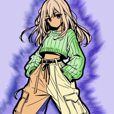 anime teen girl with baggy pants and crop top with sweater