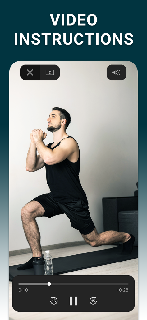 下半身トレーニングのためのランジエクササイズを行う男性のビデオ指示を示すモバイルアプリ画面