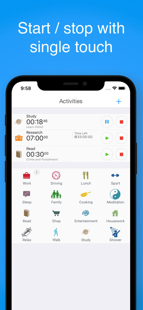 aTimeLogger Time Tracker - Pantalla de la aplicación móvil aTimeLogger que muestra iconos de actividad y temporizadores para un fácil rastreo del tiempo
