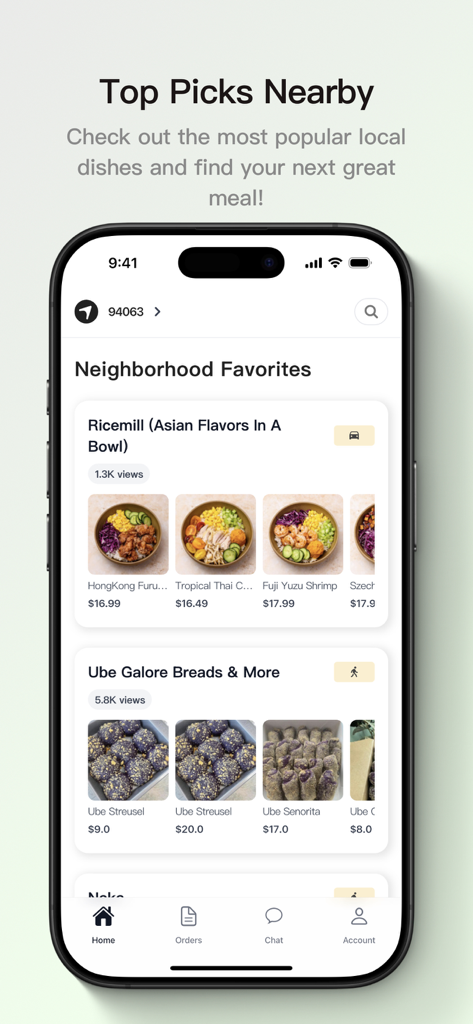 Airmart mobile app interface displaying local neighborhood favorite food items including Asian rice bowls and specialty Ube breads