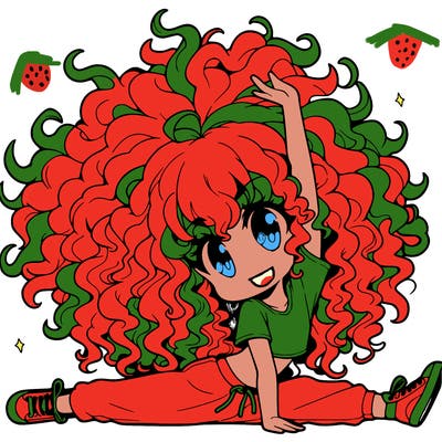 an anime girl with really curly hair doing a split in the air