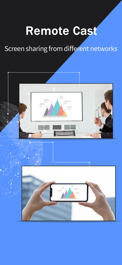 Screen Mirroring: LetsView - Función de transmisión de pantalla remota mostrando un smartphone duplicando un gráfico de negocios en una pantalla grande en una sala de conferencias