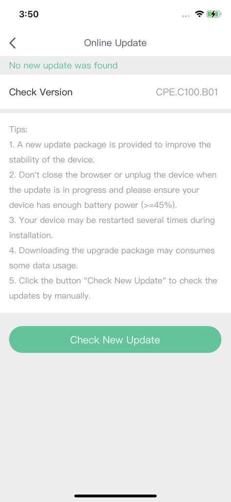 Wefast - Wefastアプリのオンラインアップデートインターフェース。デバイスバージョンとファームウェアアップデートのヒントが表示されています。