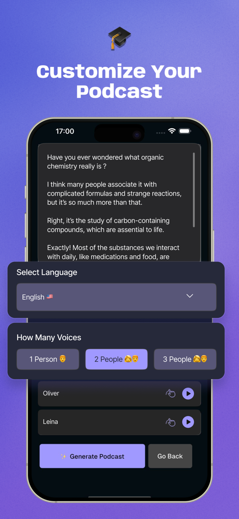 AI Podcast Maker - PODLM - Pantalla que muestra las opciones de personalización para la selección del idioma y la voz del podcast de IA