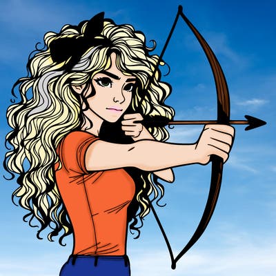 a woman with curly and messy hair using a bow to shoot arrow realistic