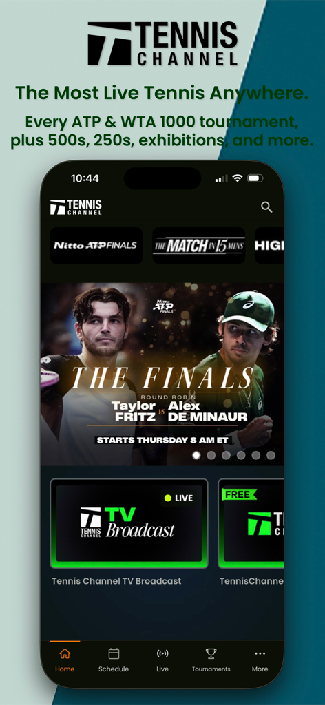 Tennis Channel - Tennis Channel mobile app home screen showing live ATP Finals match coverage and tournament schedules