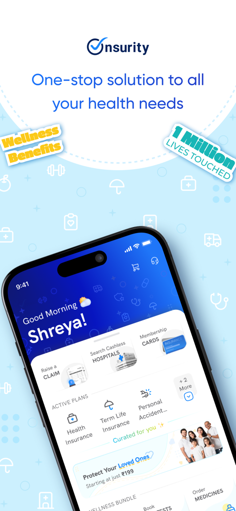 Schermata principale dell'app Onsurity che mostra il dashboard sanitario personalizzato con piani assicurativi e benefici per il benessere