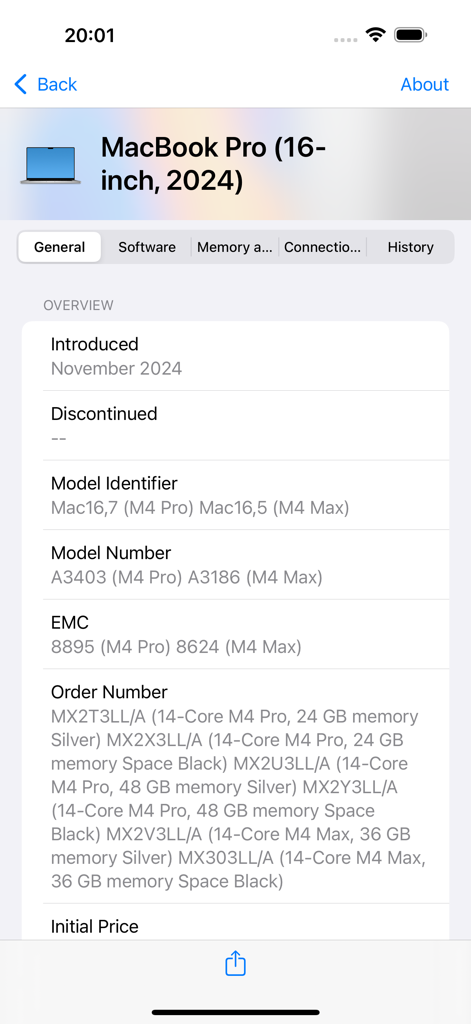 Technical specifications of a 2024 16-inch MacBook Pro displayed in the Mactracker mobile app