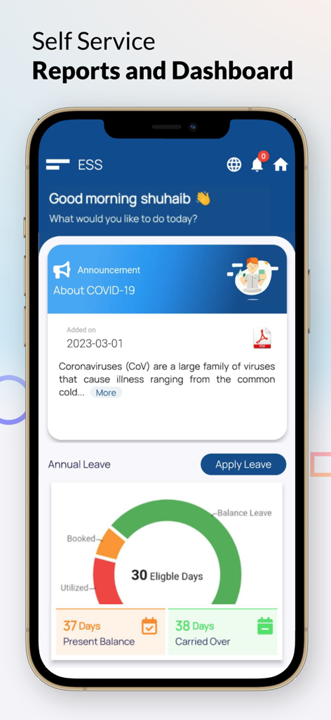 DOTS GO+ - DOTS GO plus mobile app showing employee self service dashboard with leave balance chart and company announcements