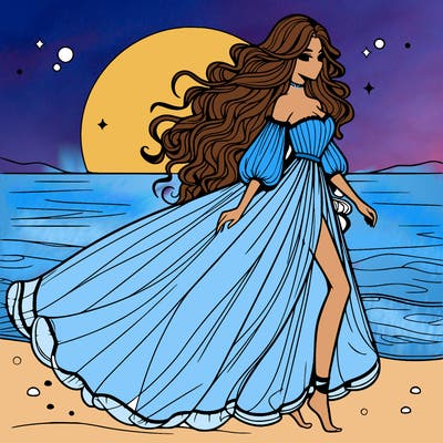 beautiful woman with a vaporous long dress walking on the beach at the noon, detailed art