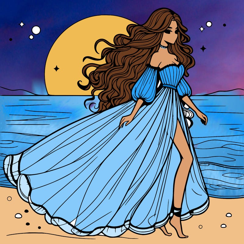 beautiful woman with a vaporous long dress walking on the beach at the noon, detailed art