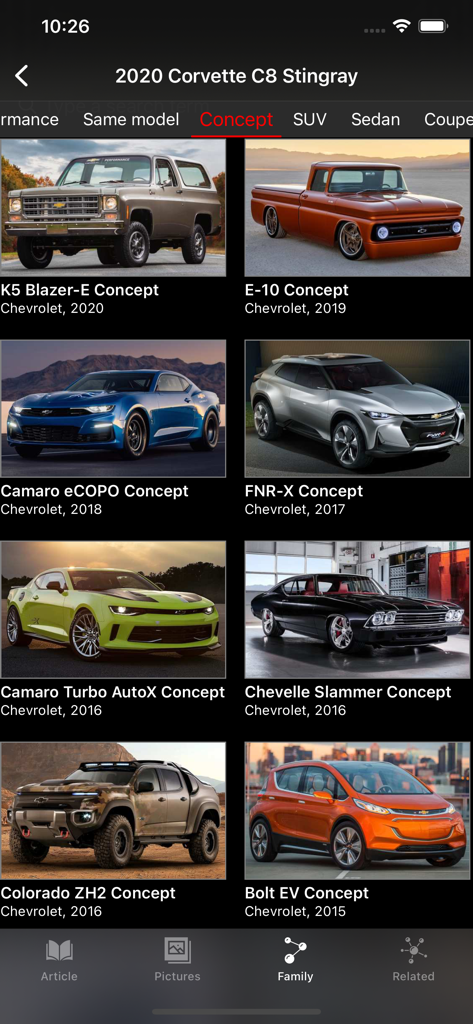 Una galería de modelos de coches conceptuales de Chevrolet dentro de la interfaz de la aplicación NetCarShow