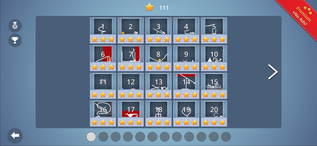 Brain It On! - Level selection screen in Brain It On showing a grid of physics puzzles with star ratings