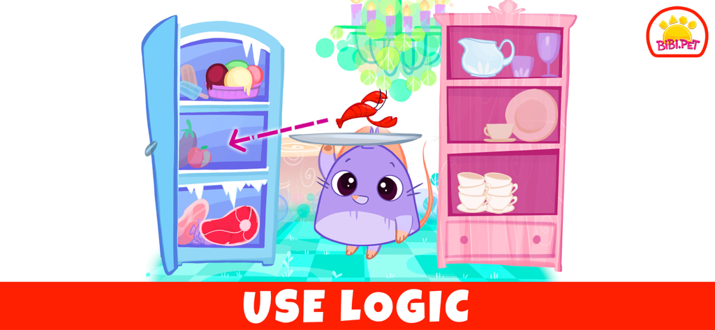 Bibi Toddler Learning Games 2+ - A purple cartoon character in a kitchen setting demonstrating a logic puzzle for toddlers