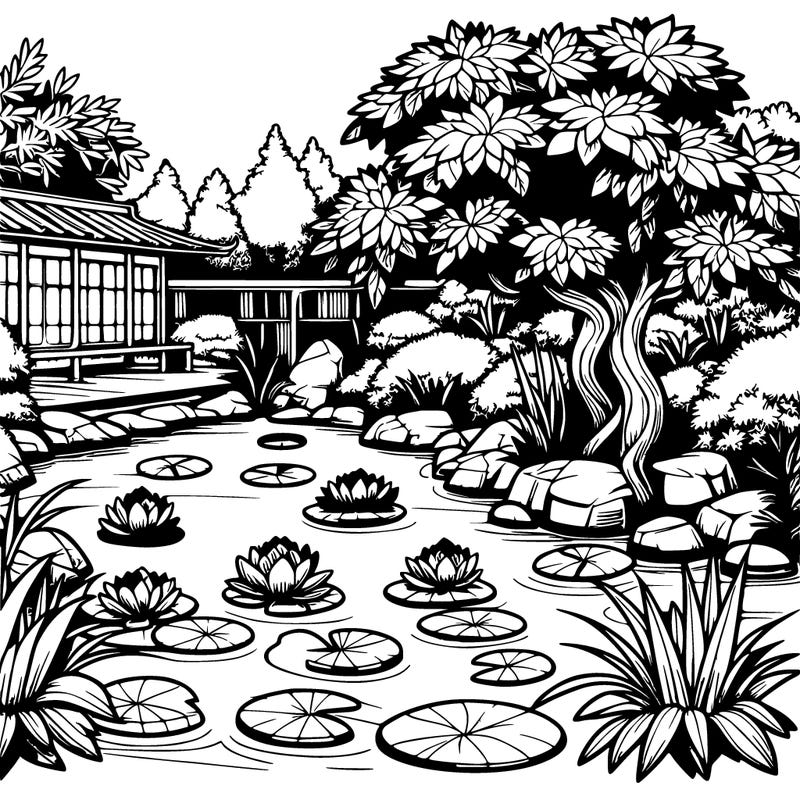 realistic lotus pond in a zen garden