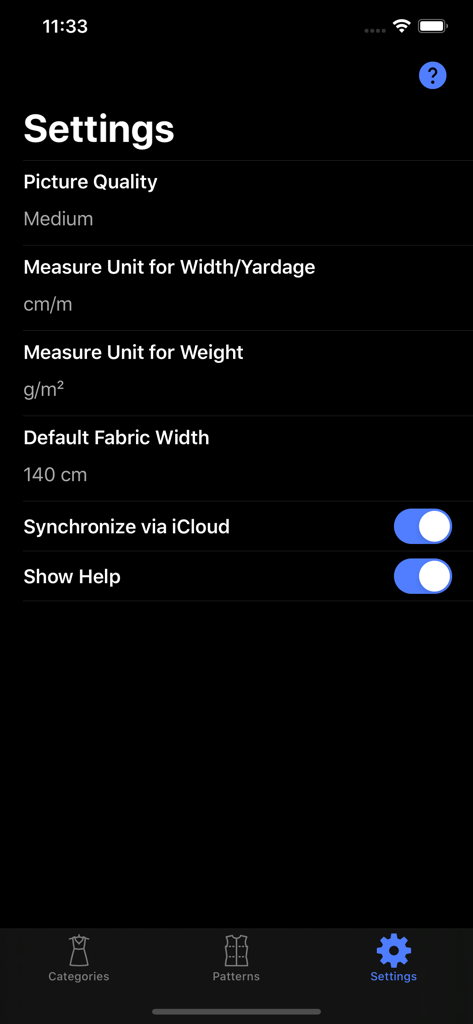 Sewing Patterns - Settings screen of the Sewing Patterns app displaying options for measurement units and iCloud synchronization