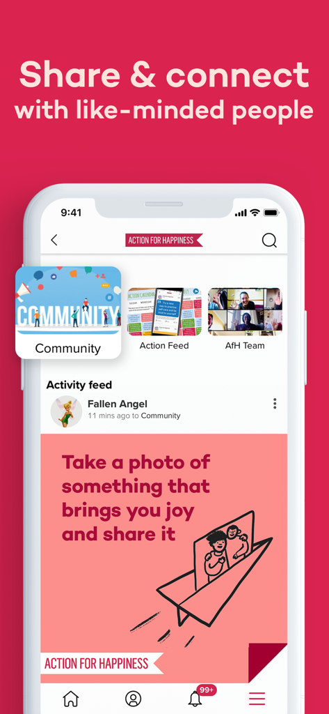 Action for Happiness app community feed showing a daily challenge to share a joyful photo.