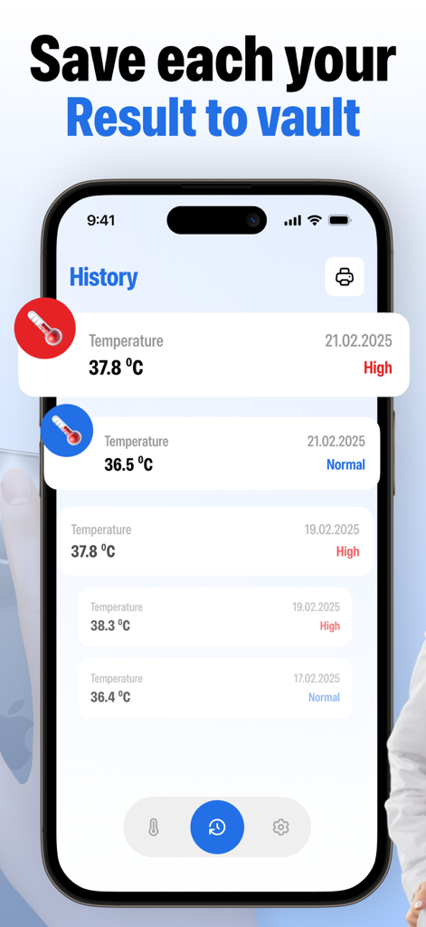 Body Temperature Checker。 - Una schermata iPhone che mostra una cronologia dei registri di temperatura corporea con date, gradi in Celsius e indicatori dello stato di salute.