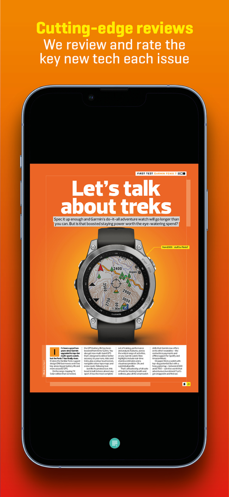 Stuff Magazine mobile app displaying a detailed tech review of an adventure smartwatch on an iPhone screen.