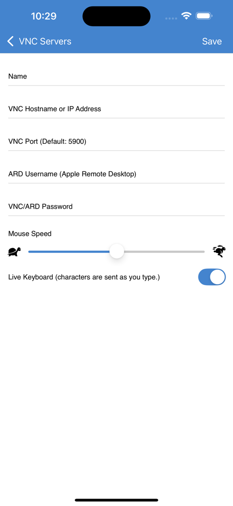 VMouse - VNC Remote Mouse - VNC server configuration screen in the VMouse app with fields for hostname and port
