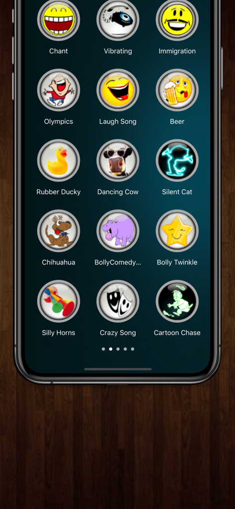 Funny Ringtones Plus - A mobile interface for Funny Ringtones Plus showing a grid of colorful animated buttons with various humorous sound effects like Laugh Song and Dancing Cow.