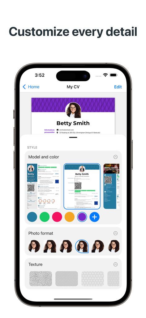Resume AI – Intelligent CV App - 履歴書のテンプレート、色、写真のフォーマット、テクスチャをカスタマイズするためのCVpopアプリインターフェース