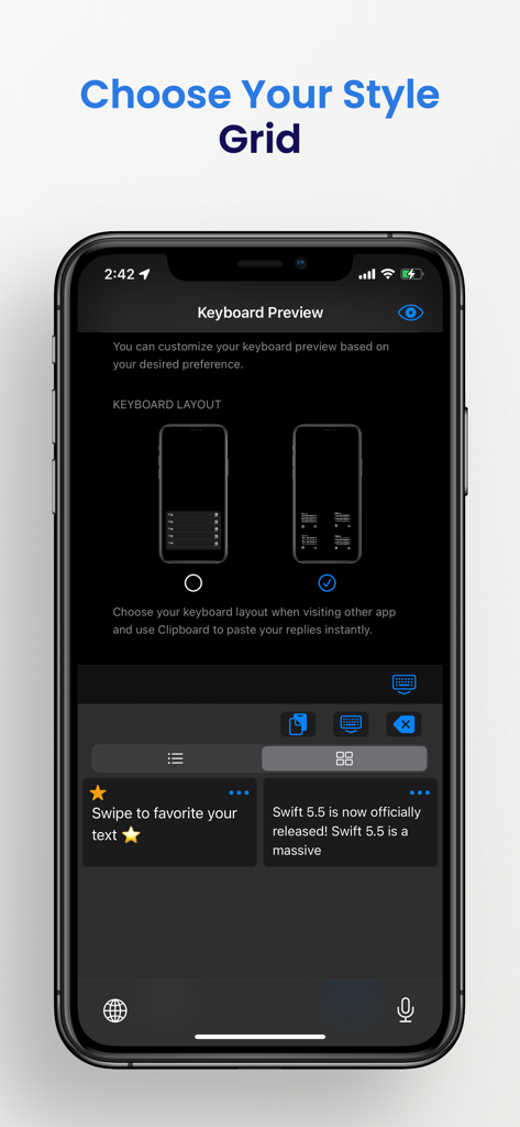Una interfaz móvil para la aplicación Clipboard que muestra la opción de seleccionar un estilo de cuadrícula para el diseño del teclado personalizado.